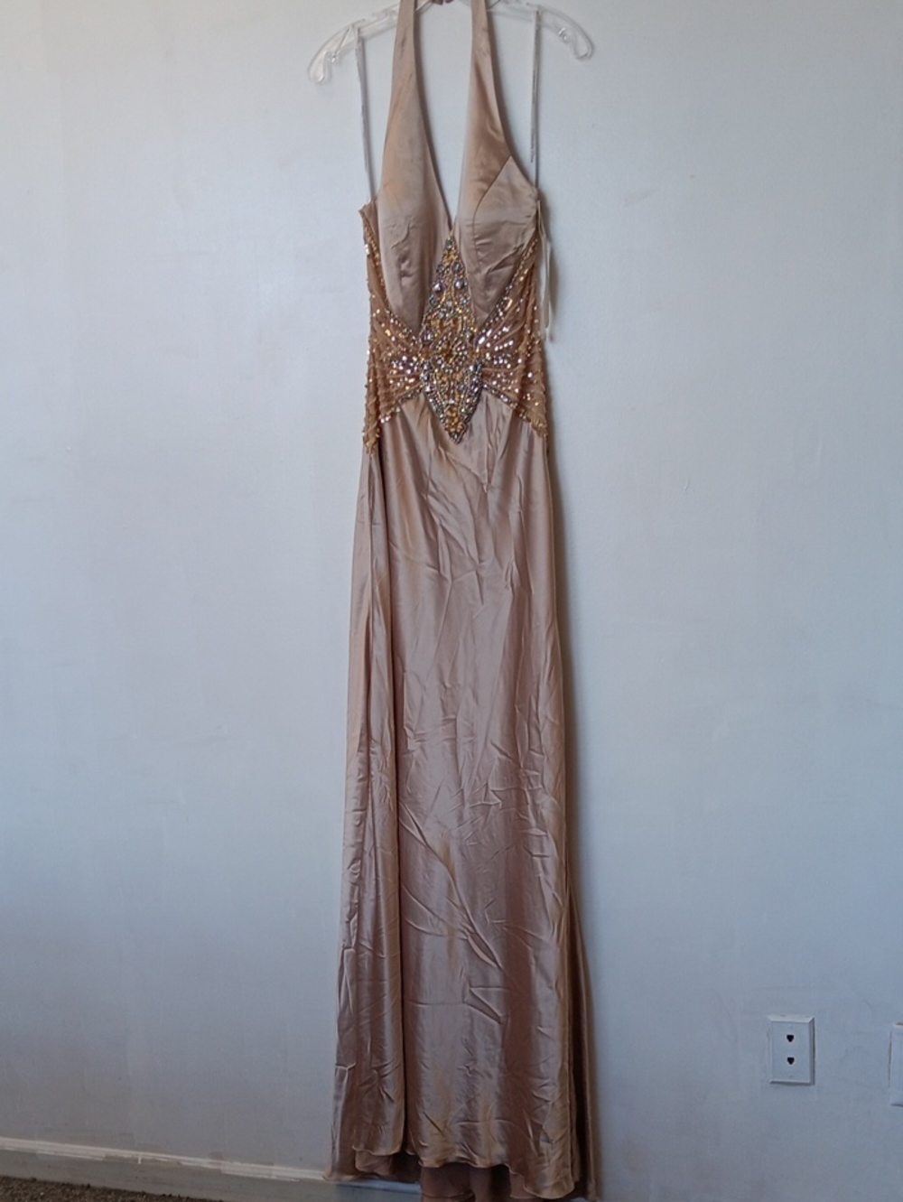 Vintage Beaded Halter Maxi Dress in Champagne (Mink)